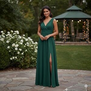 Lulus Maxi Dress Womens Size M Dark Green Pleated V-Neck Sleeveless Slit Gown